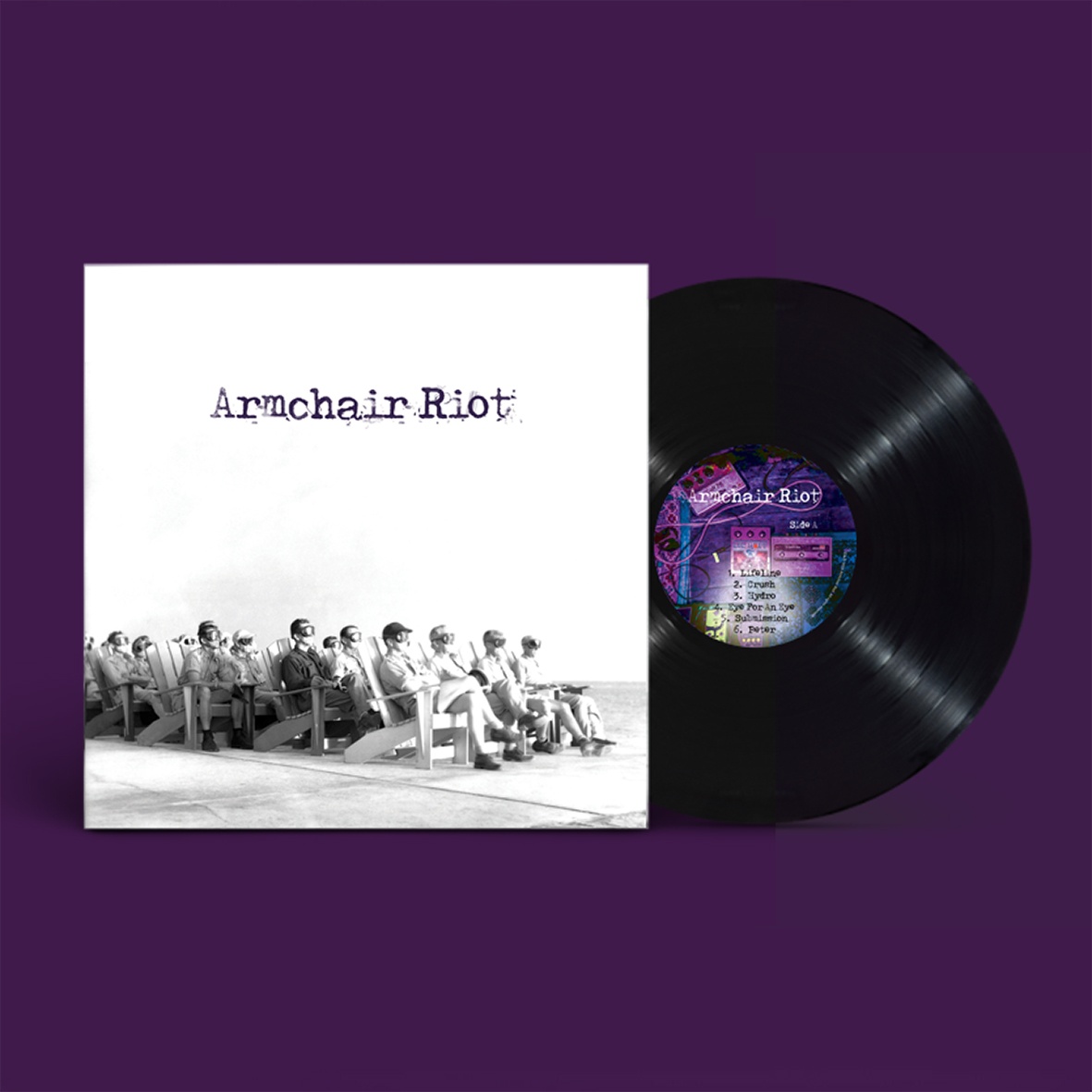 a black and white photo of a group of people sitting on a purple background