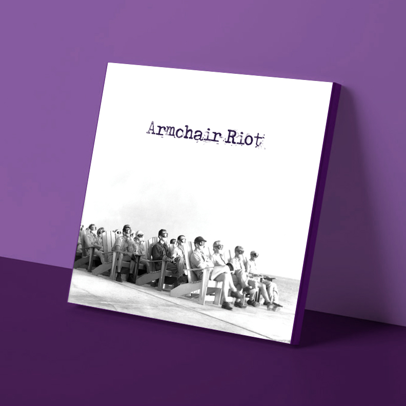 a purple background with a picture of a group of people sitting on a bench