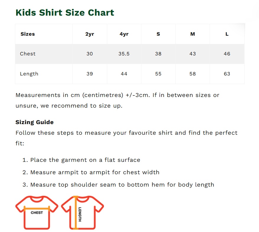 kids t-shirt size chart