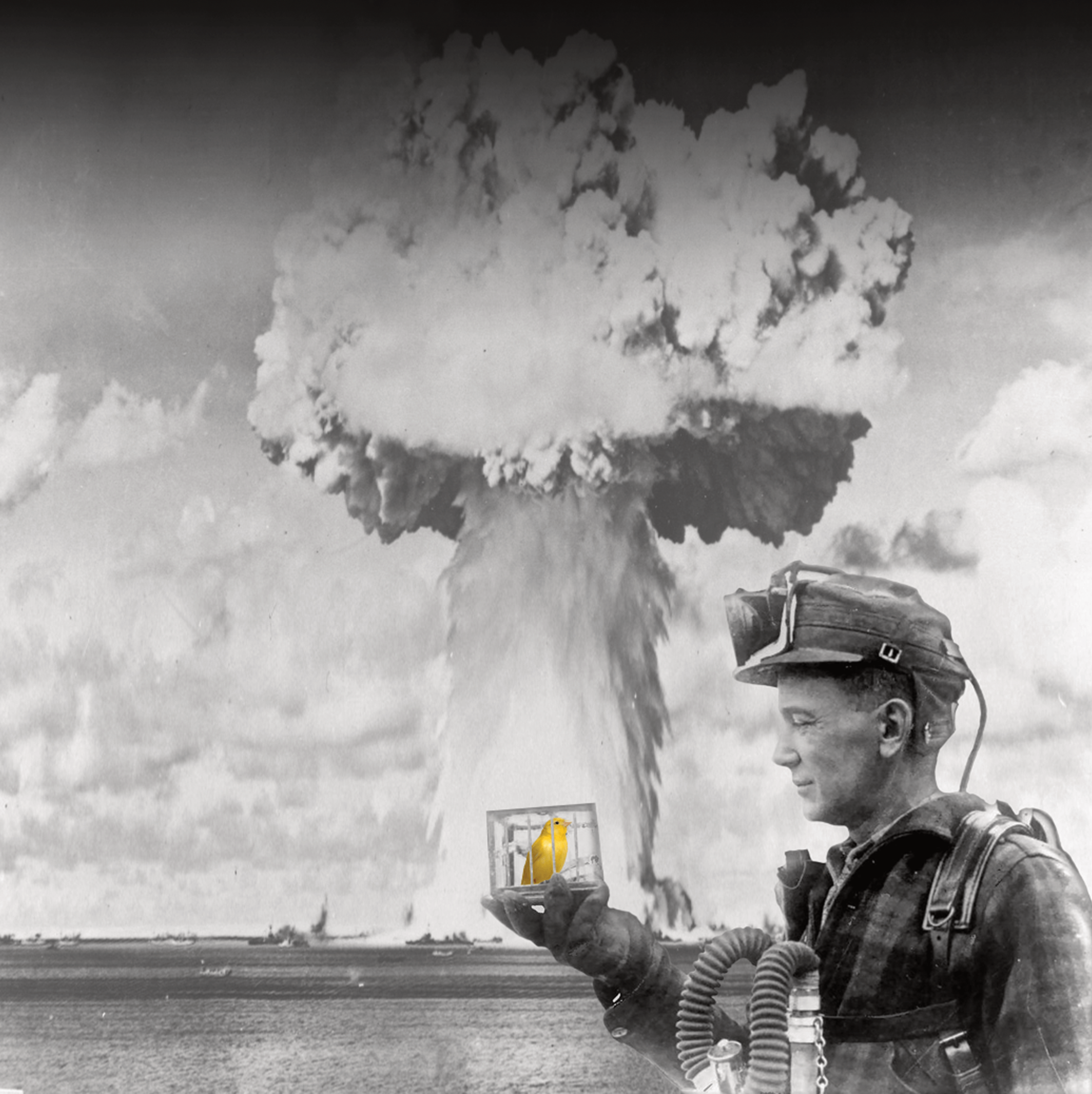 a man holding a tablet in front of a nuclear explosion