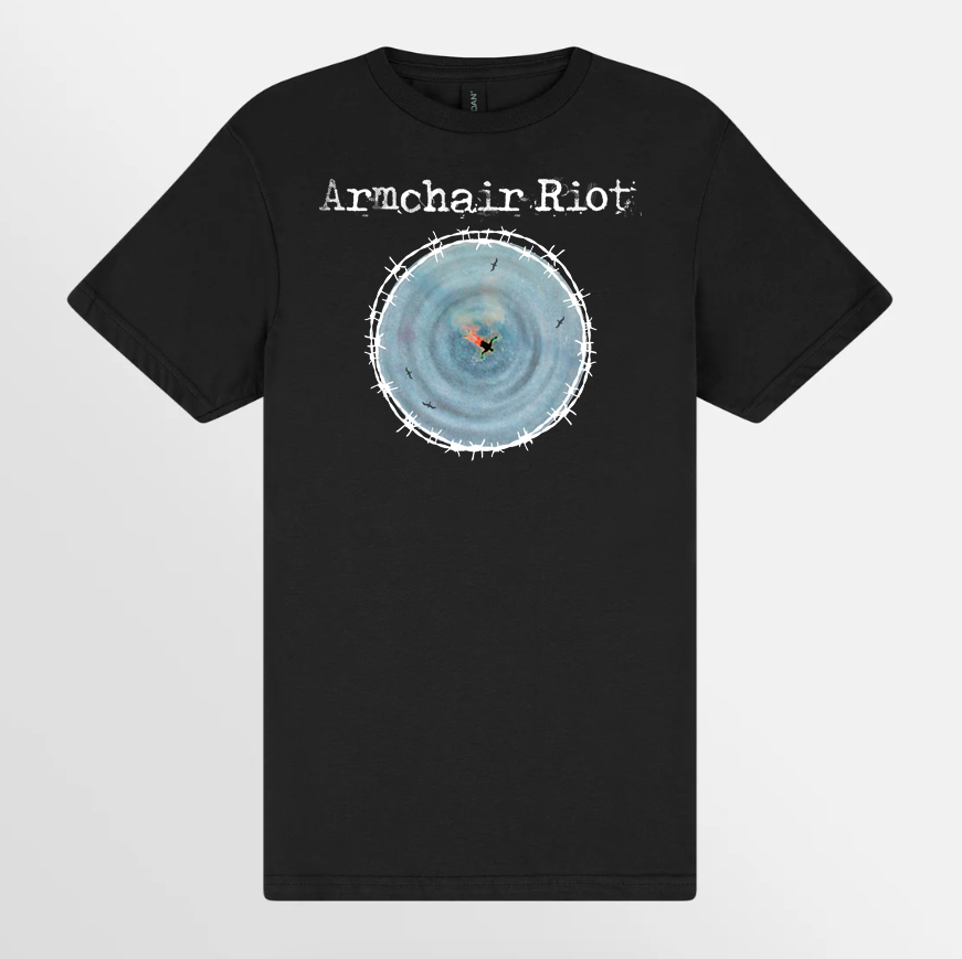 a black t - shirt with an image of a waterfall