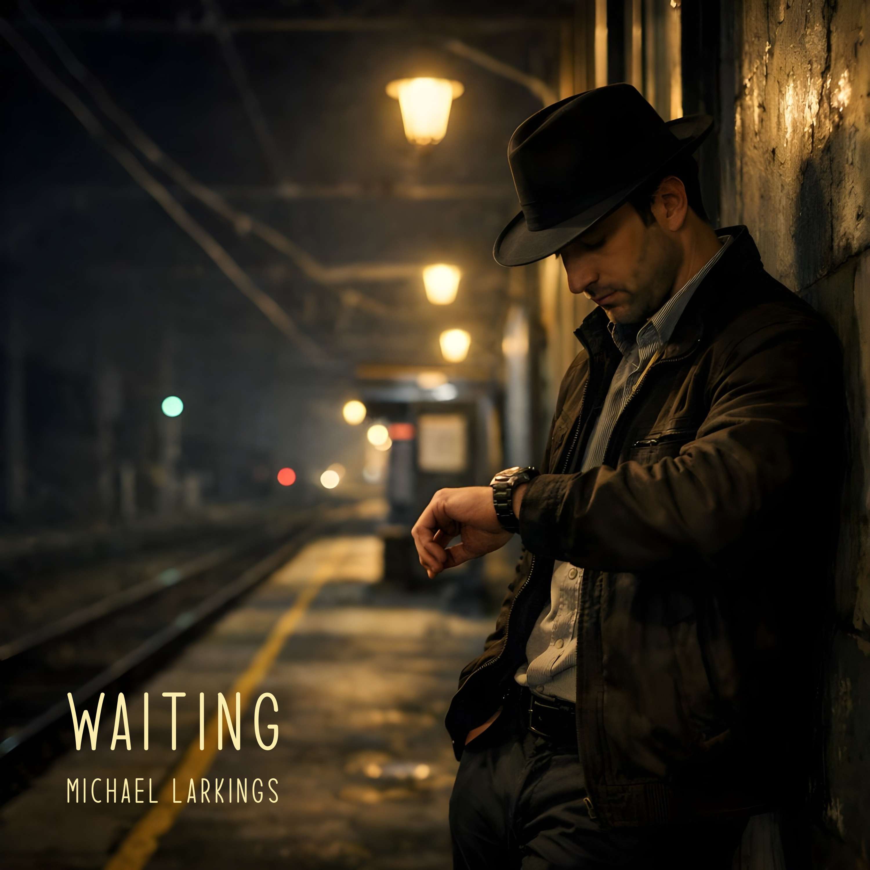 Michael Larkings Music - WAITING: a man in a hat is leaning against a train