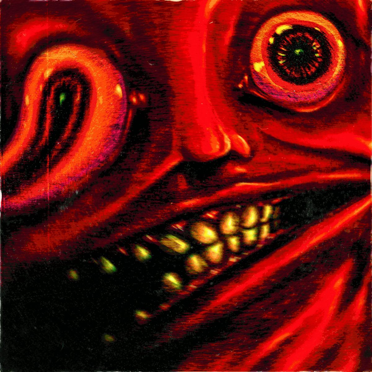 a painting of a red face with red eyes