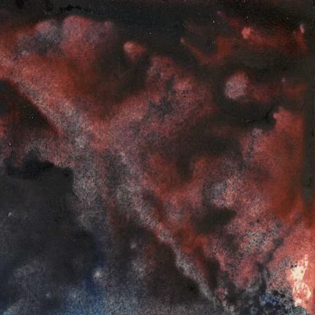 a painting of red, blue and black clouds