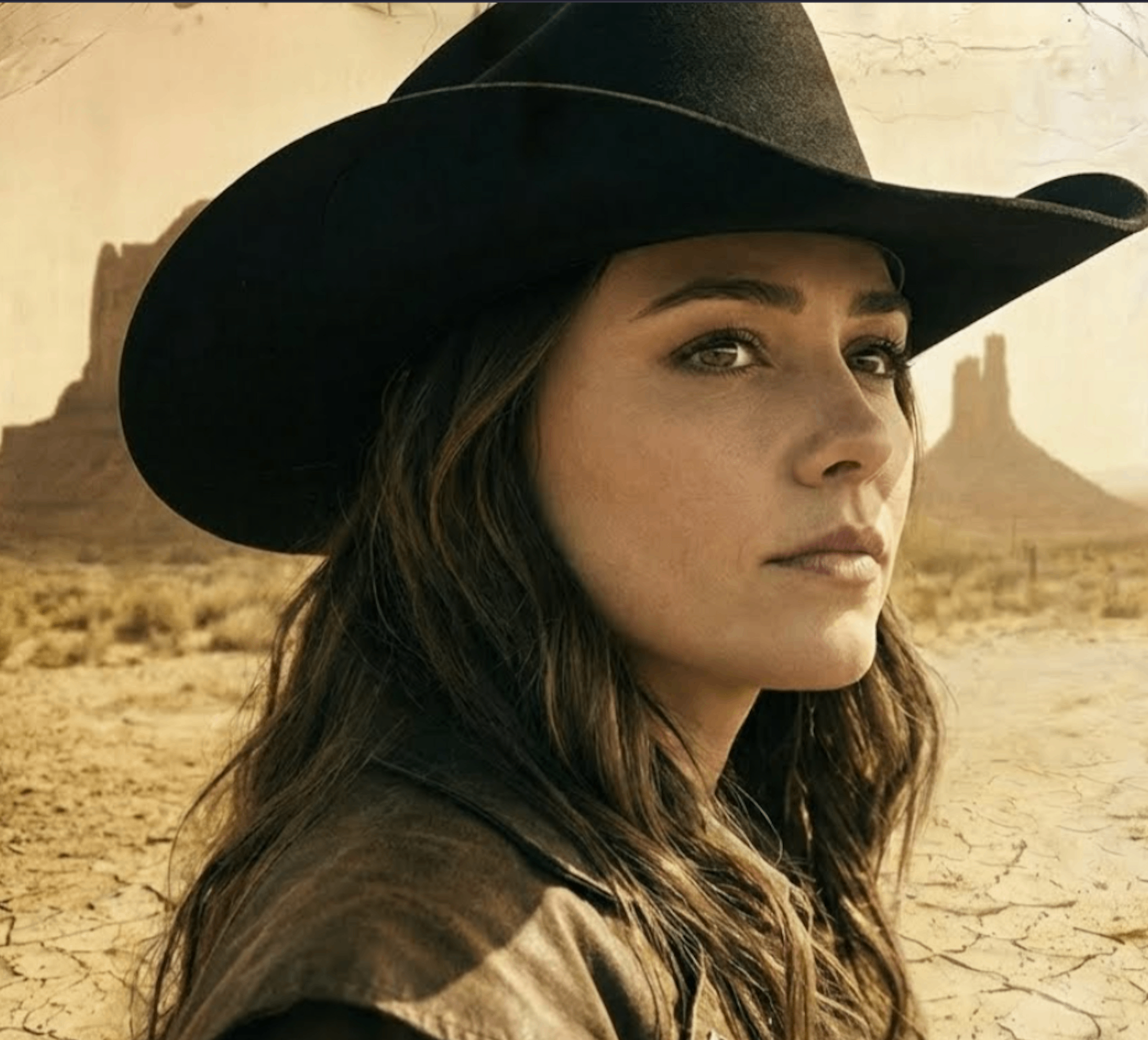 a woman wearing a cowboy hat in the desert