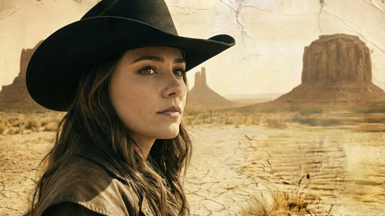 a woman in a cowboy hat is standing in the desert