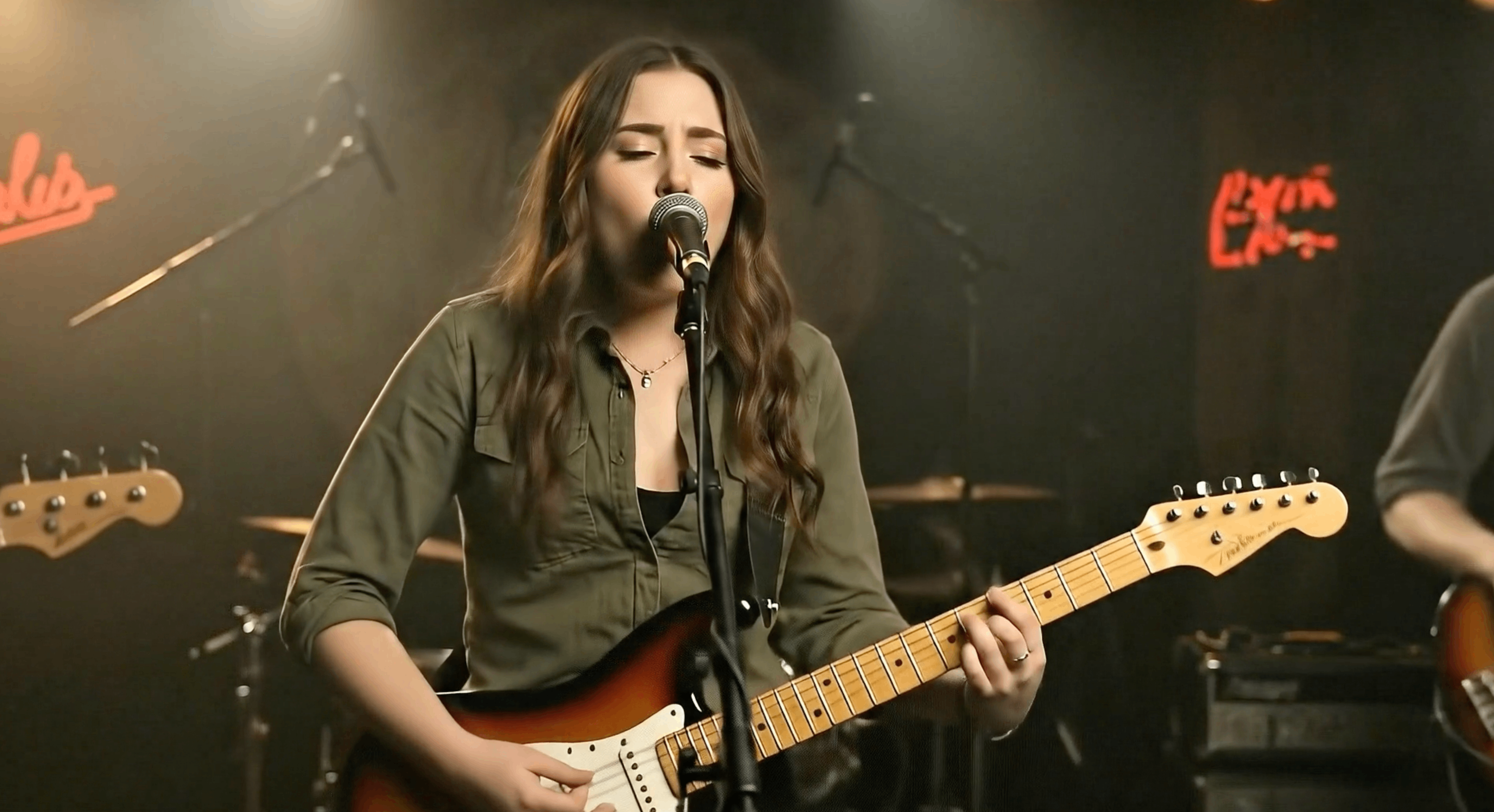 a girl is playing an electric guitar in front of a microphone