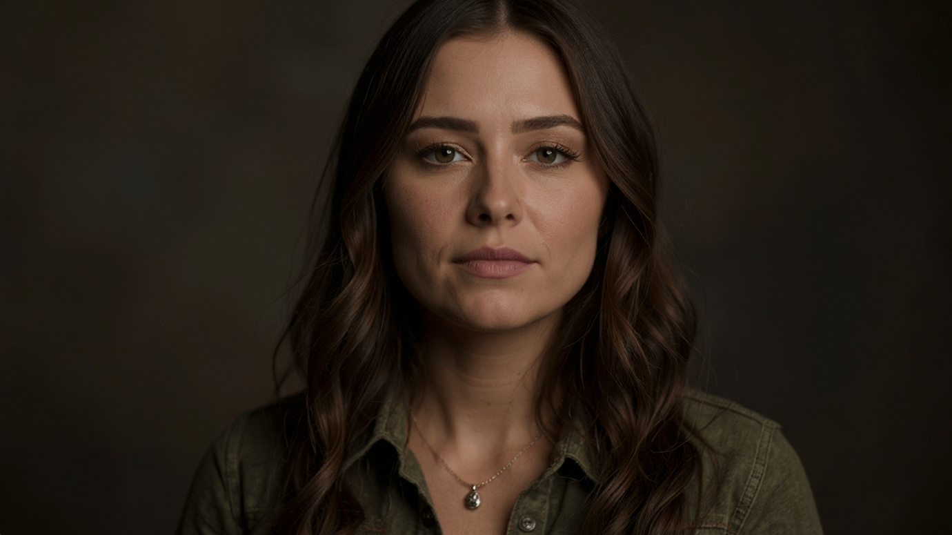 a woman in a green shirt is staring into the camera