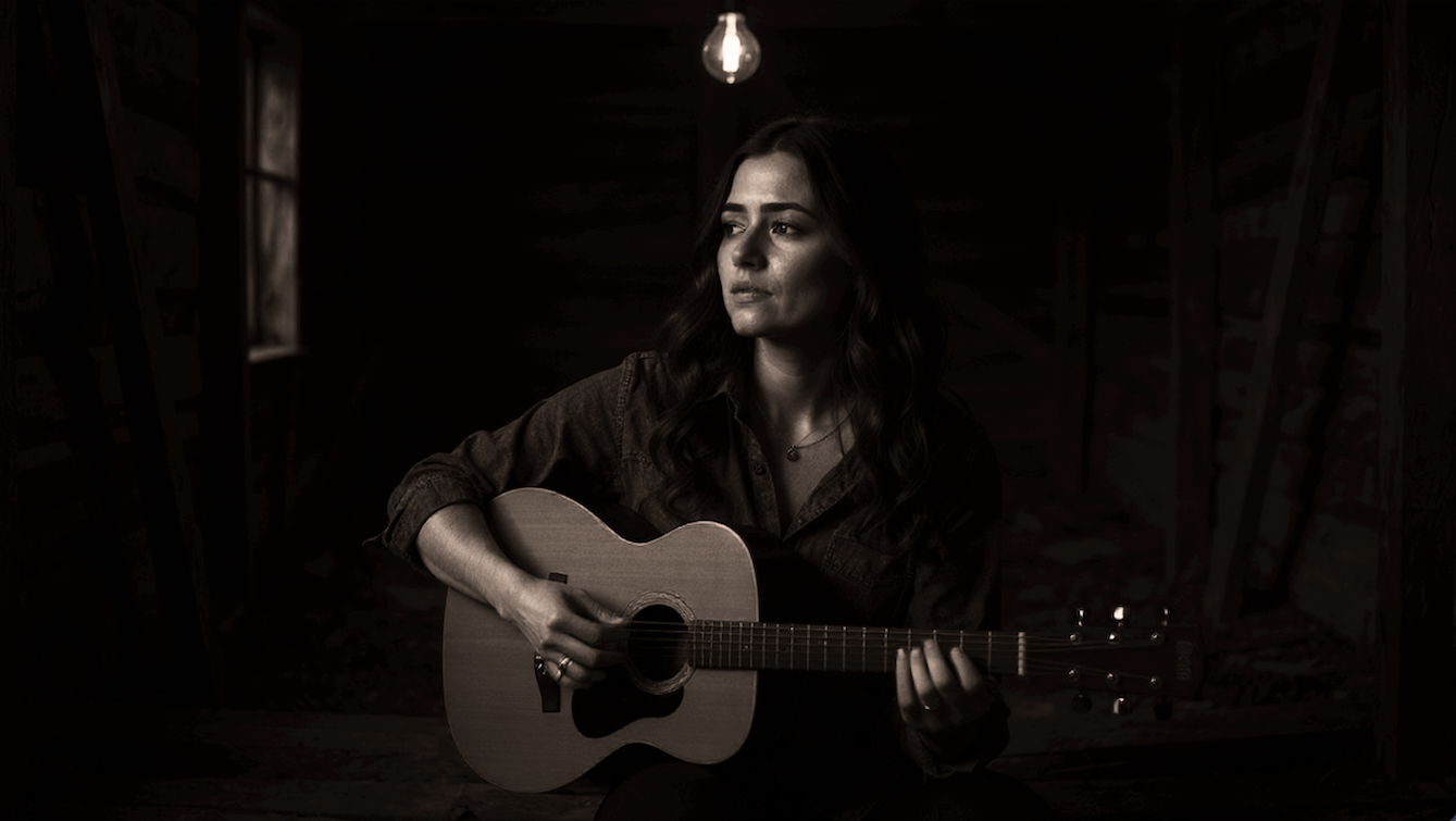a black and white photo of a woman playing an acoustic guitar