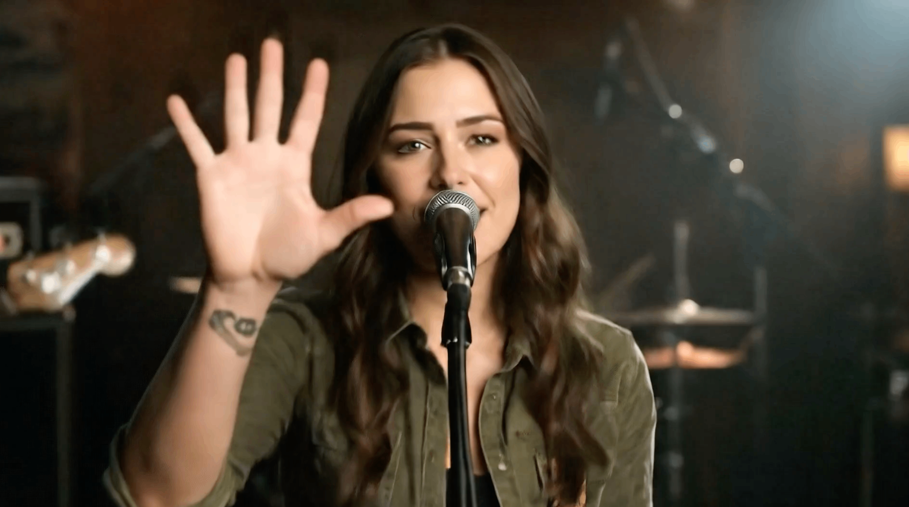 a woman singing into a microphone with her hands up