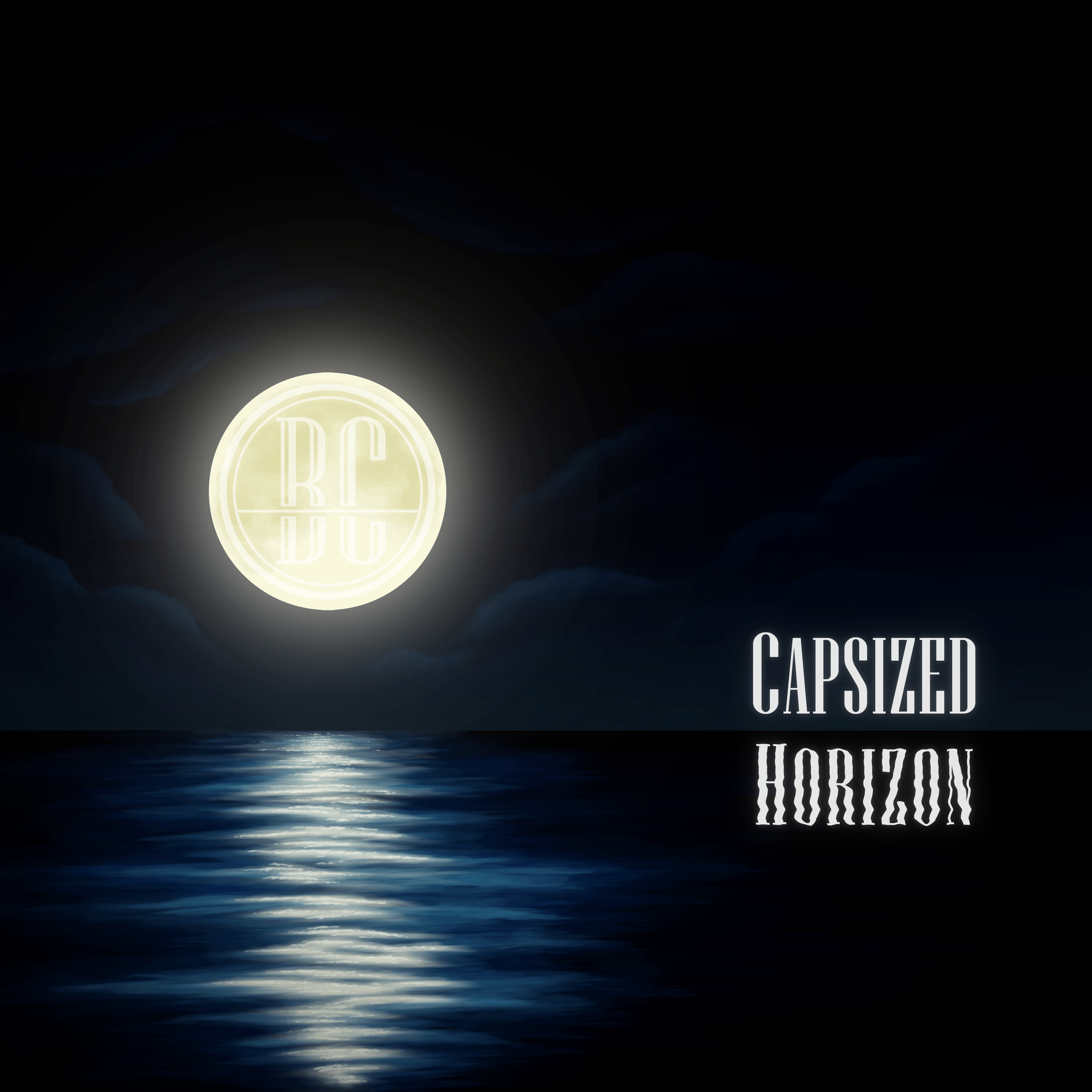 Barely Carvallo - Capsized Horizon: a full moon over the ocean with the words'capsized horizon'