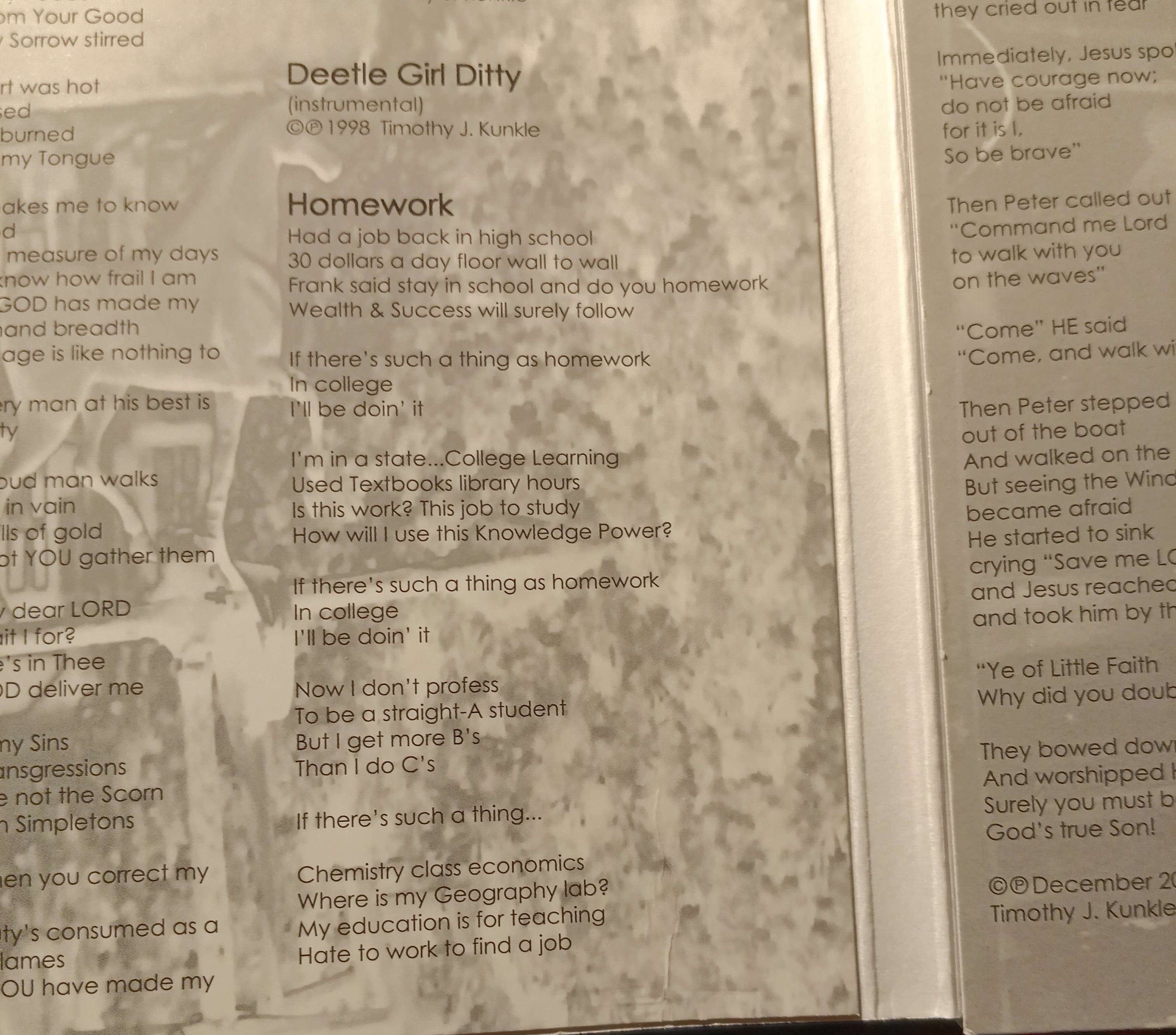 Kale Green Band  - Homework - Live (Jam): an open book with a poem on it