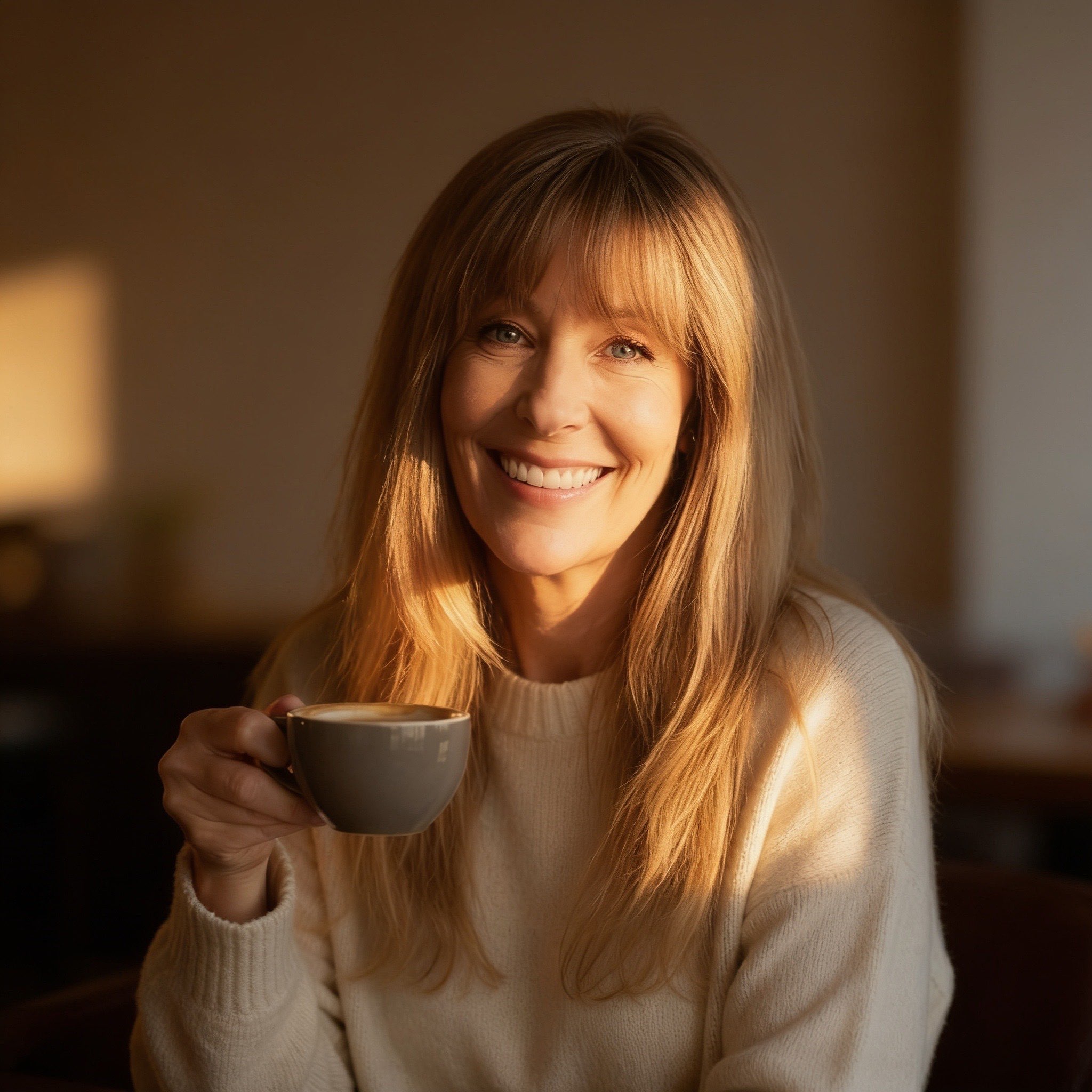 a smiling woman holding a cup of coffee