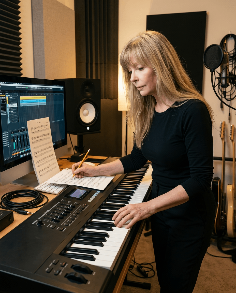 a woman working on a keyboard in a recording studio