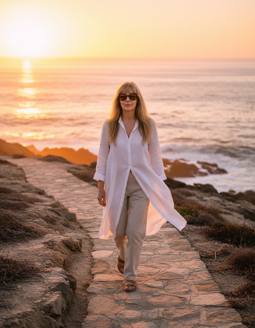 a woman walking on a path near the ocean at sunset