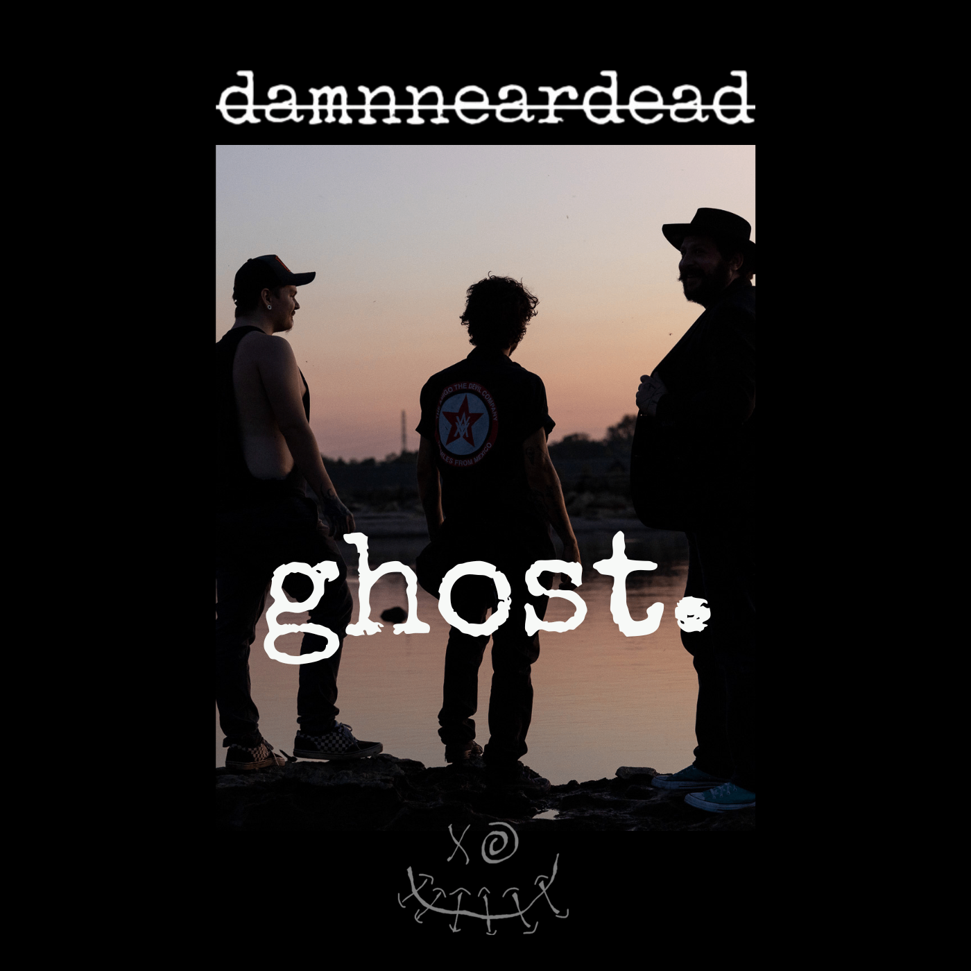 damnneardead tip jar: a group of people standing next to a body of water with the words damned ghost