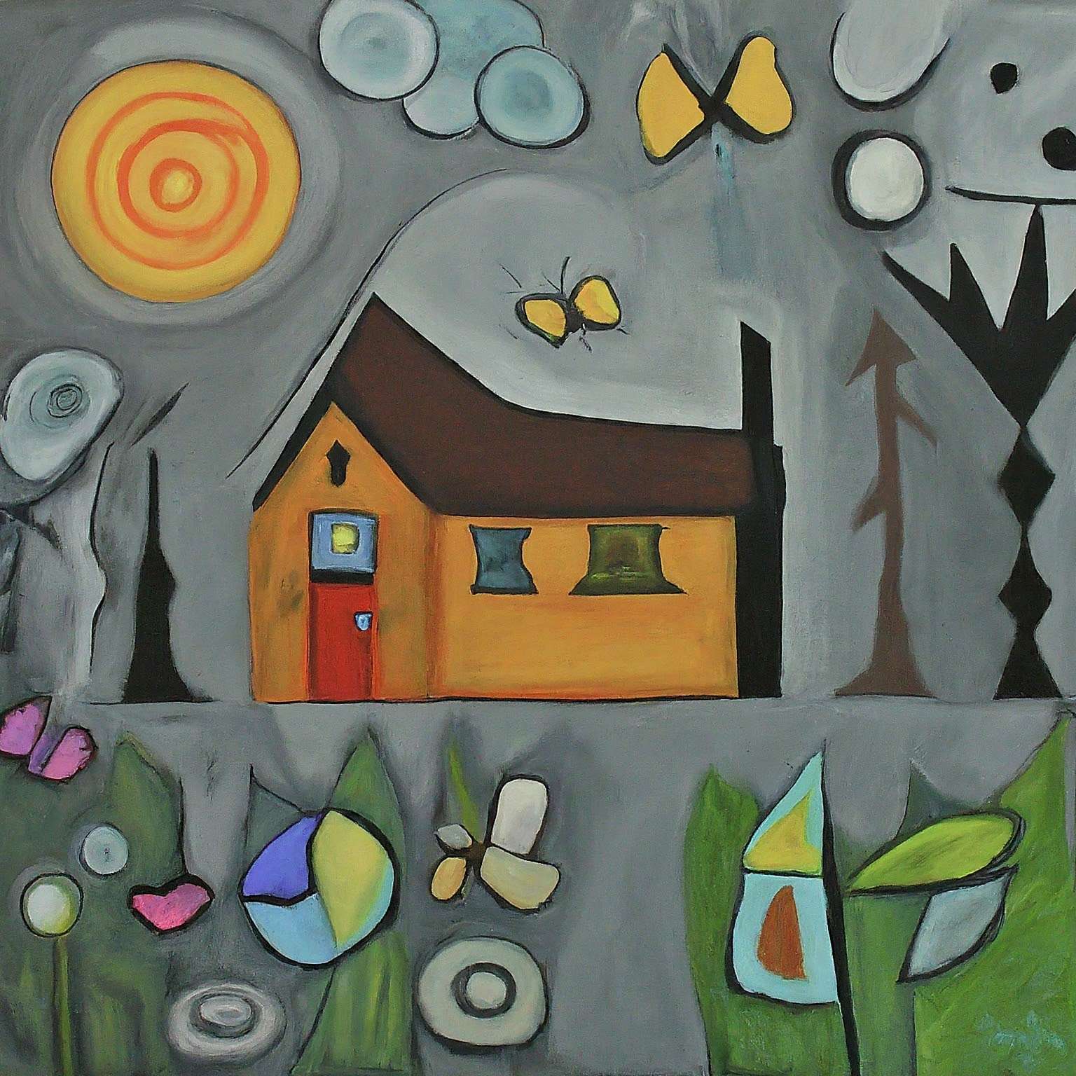 Sweet River tip jar: a painting of a house with butterflies and flowers