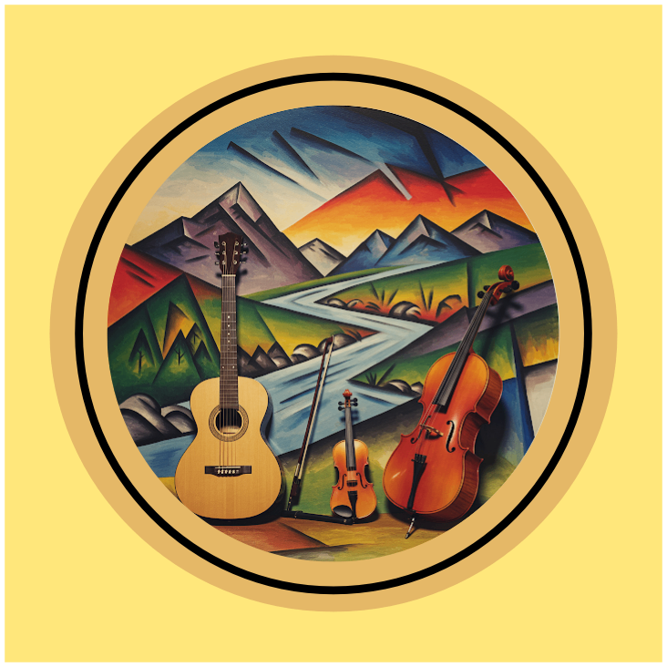 a painting of an acoustic guitar and violin with mountains in the background