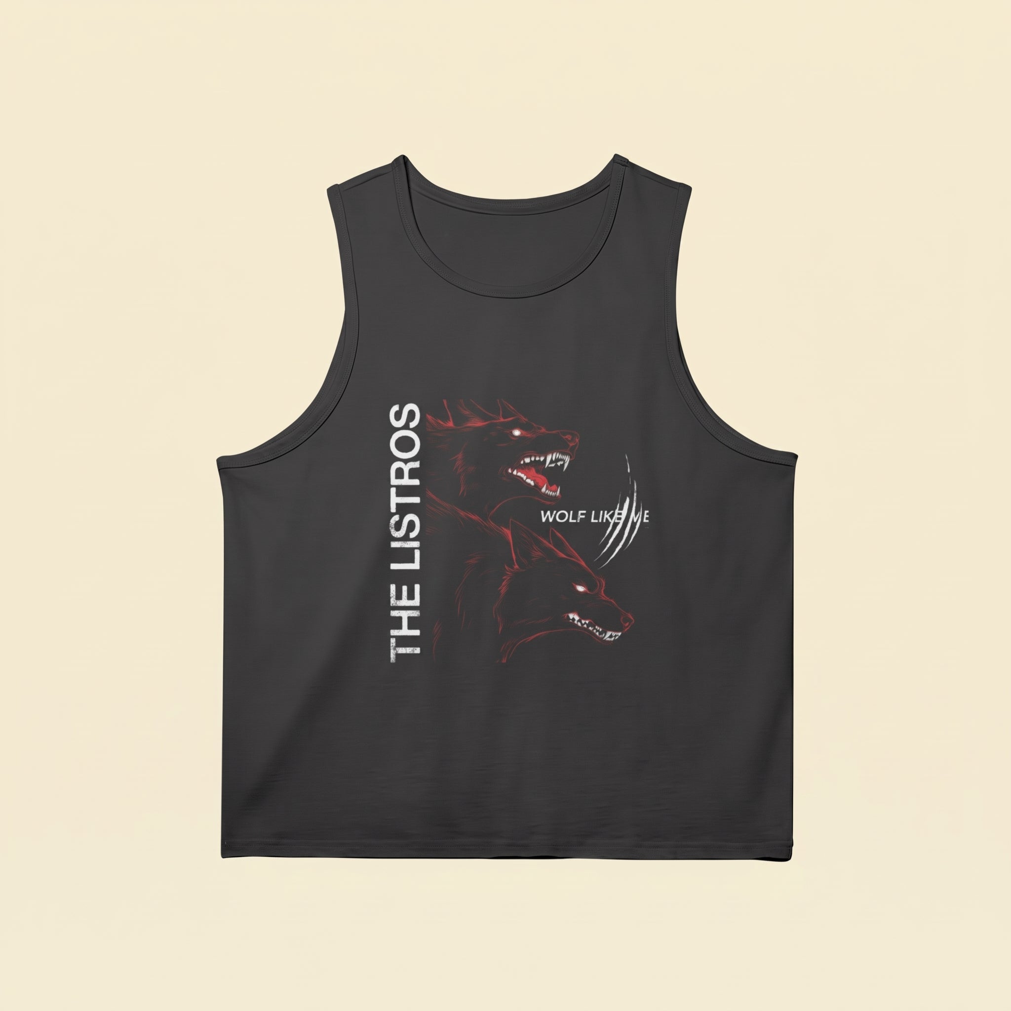 a black tank top with an image of a wolf on it