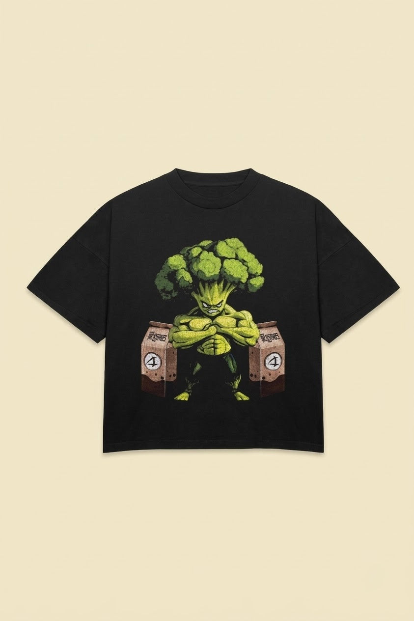 a black t - shirt with broccoli on it