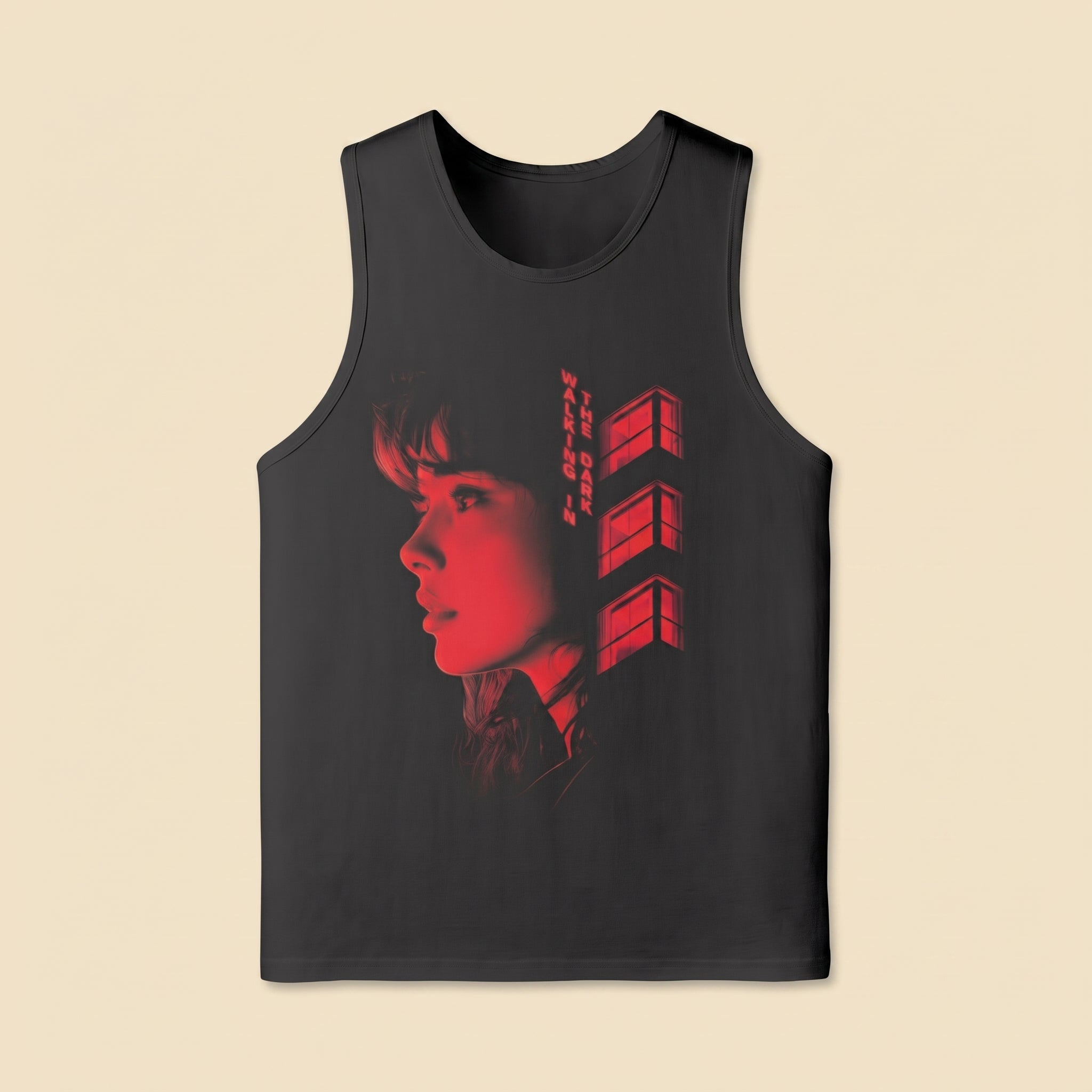 a black tank top with a woman's face on it