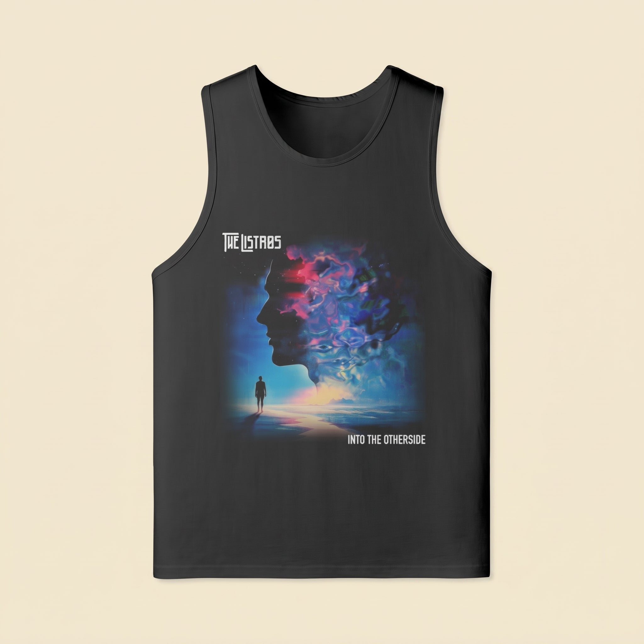 a black tank top with an image of a man and a woman