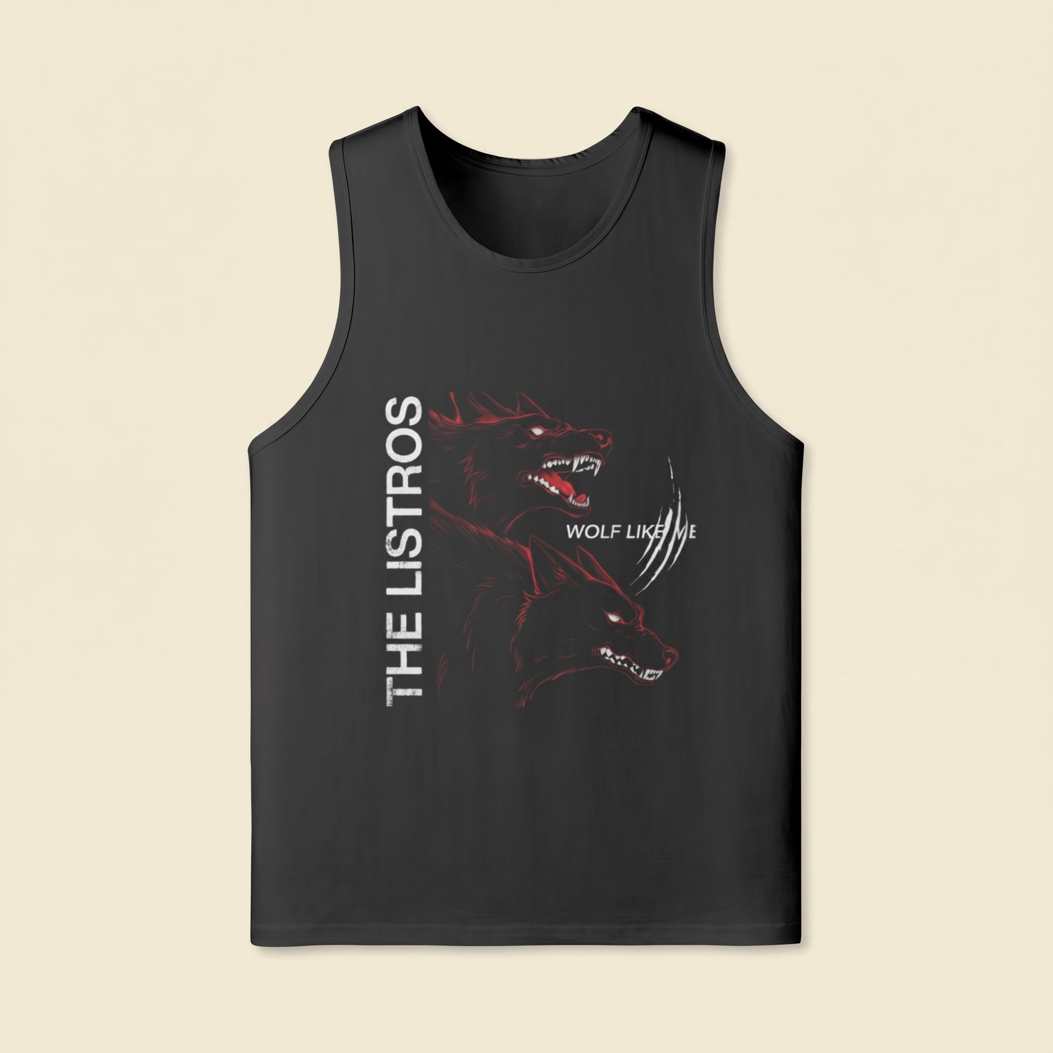 a black tank top with an image of a wolf on it