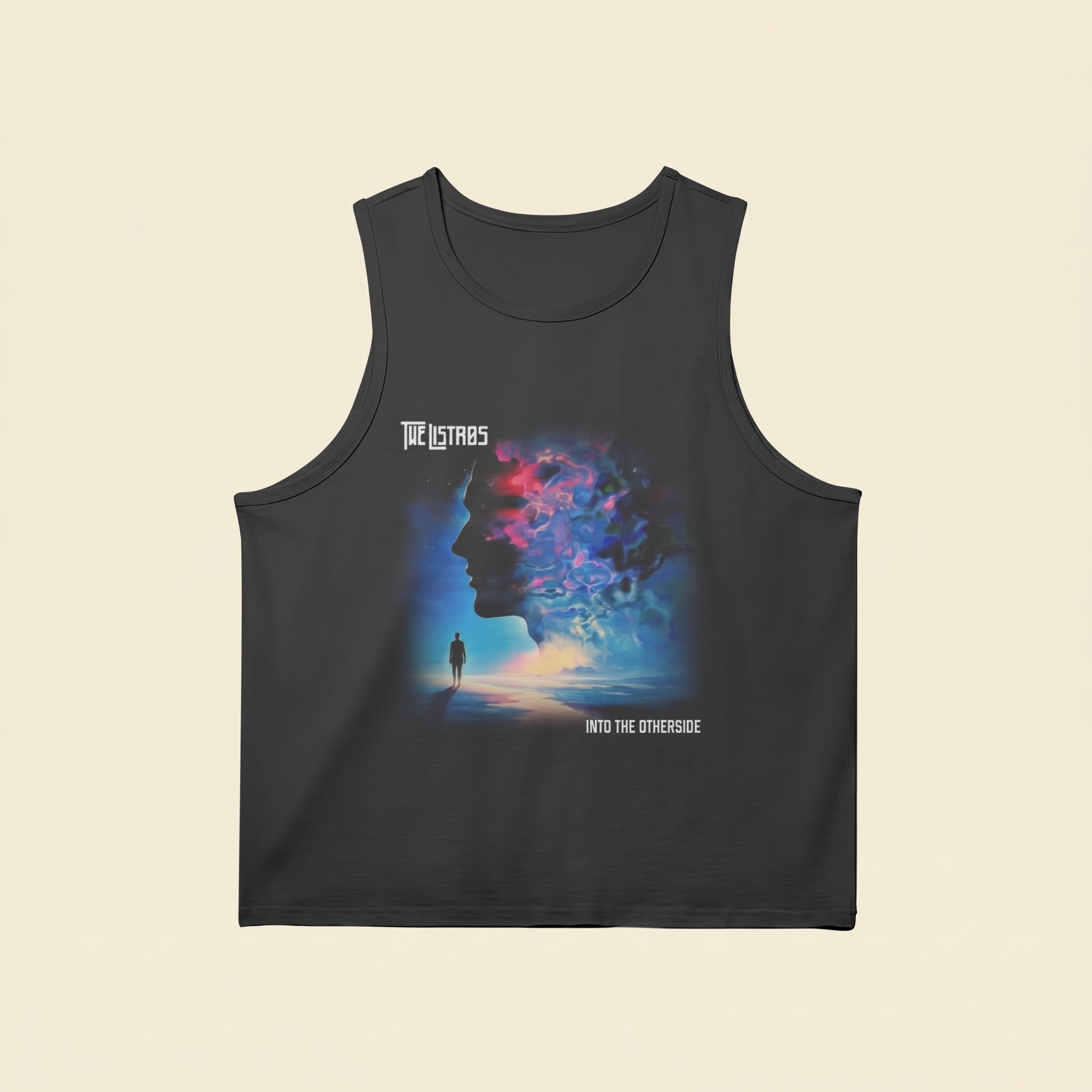 a black tank top with an image of a man and a woman