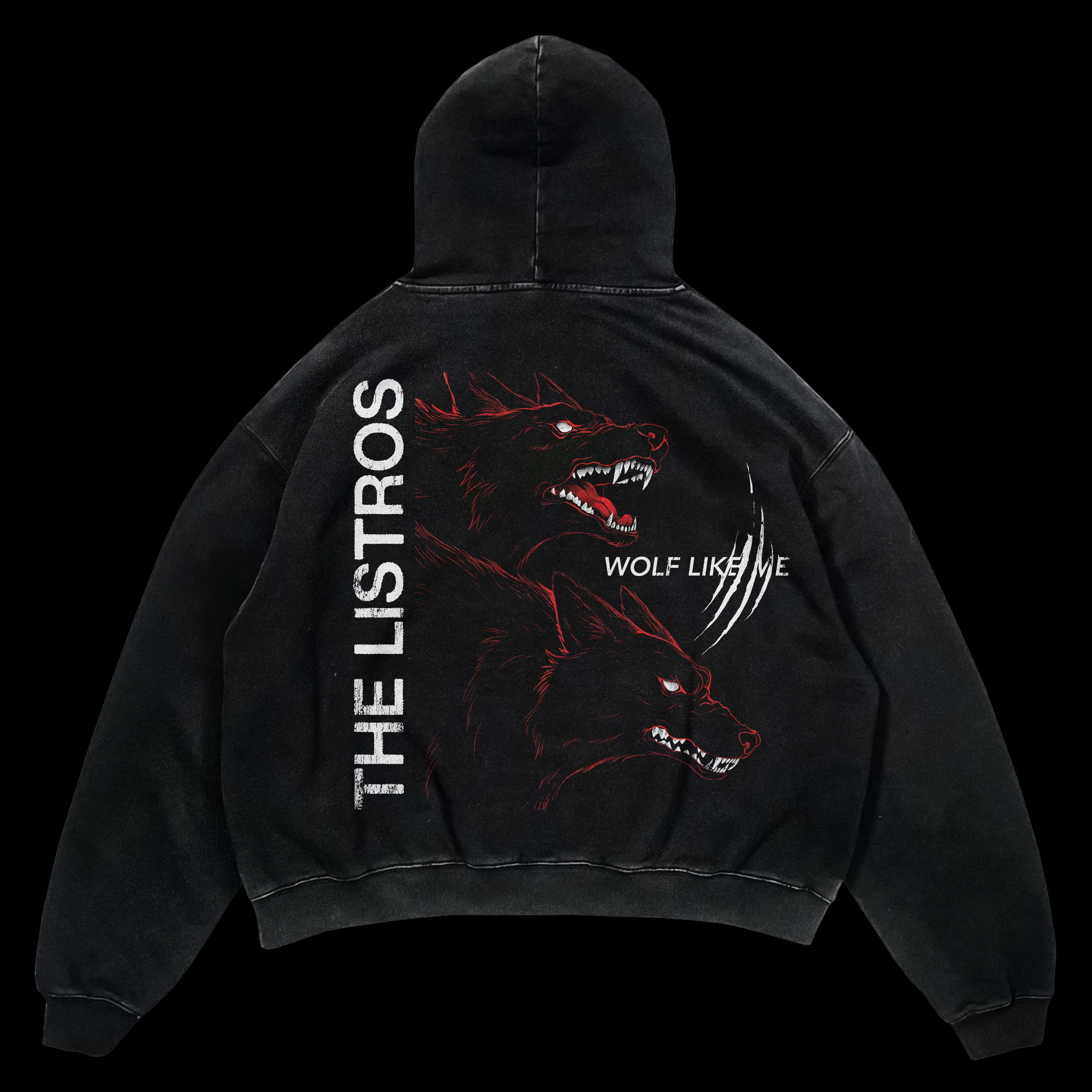a black hoodie with an image of a wolf on it