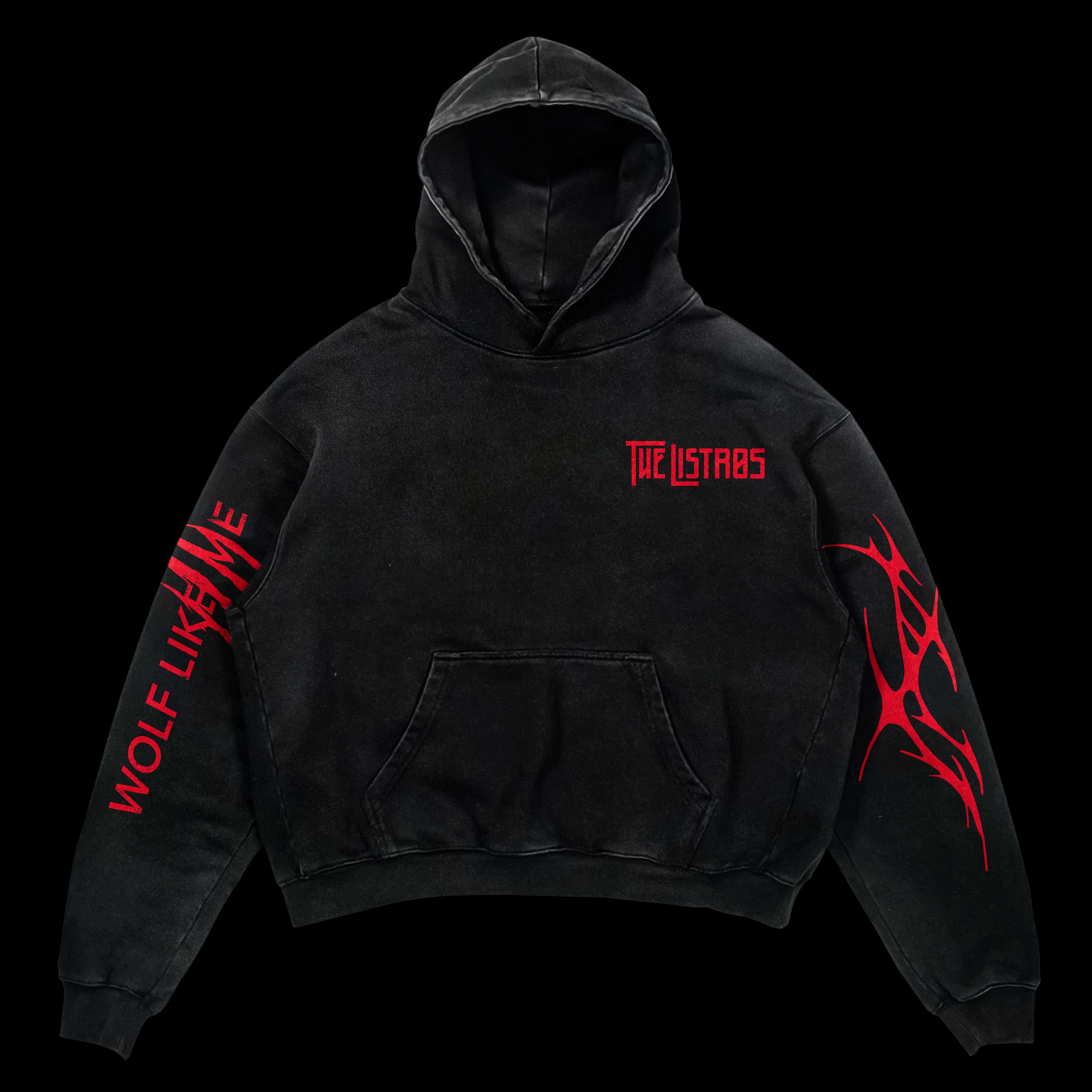 a black hoodie with red writing on it