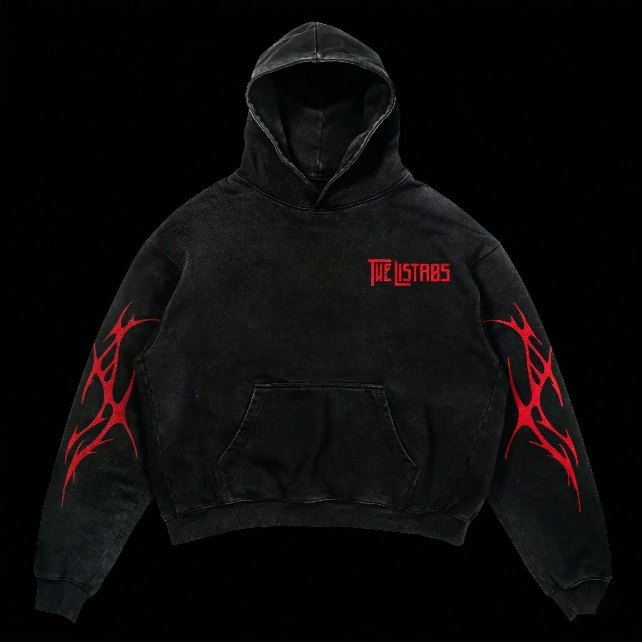 a black hoodie with red stripes on it