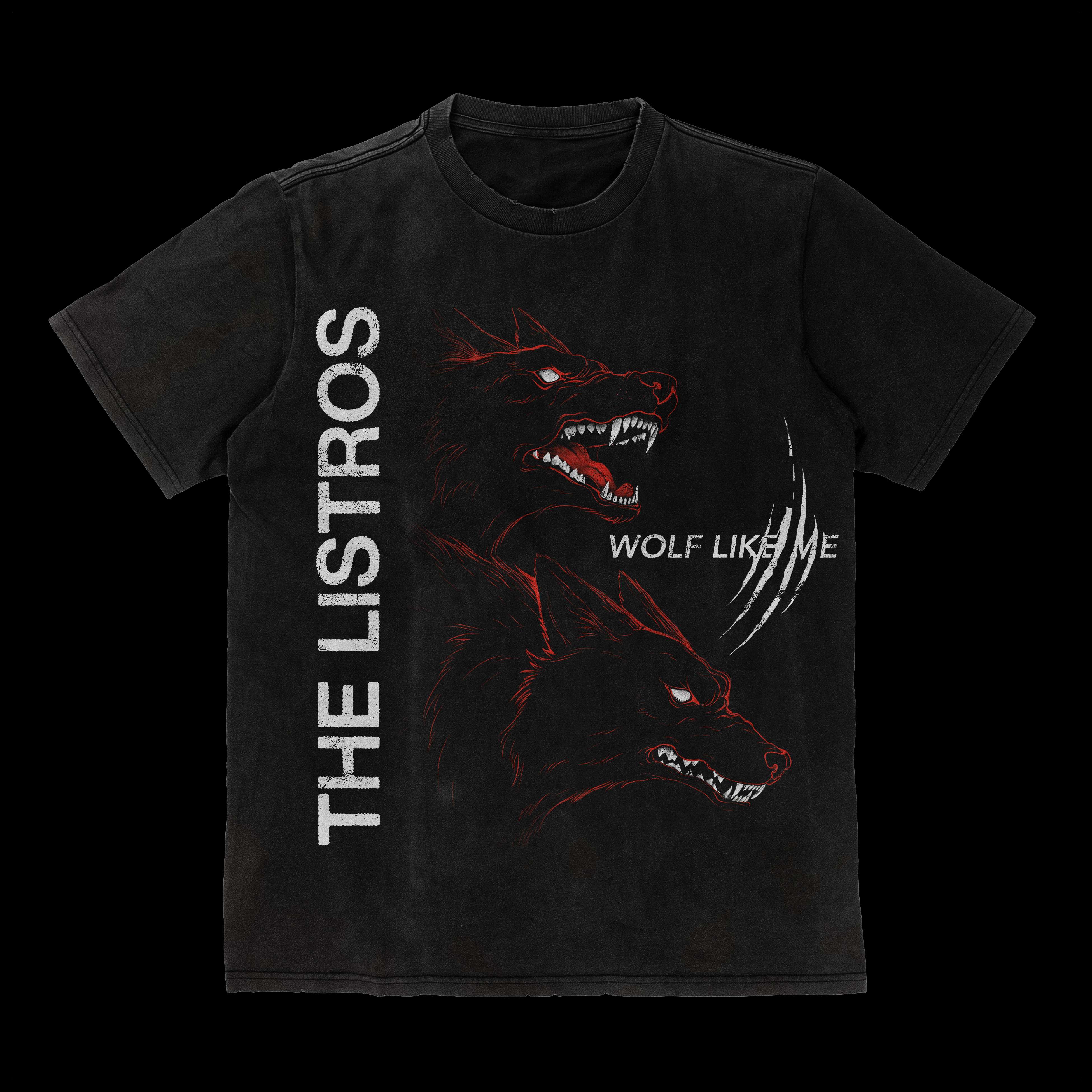 a black t - shirt with two wolves on it