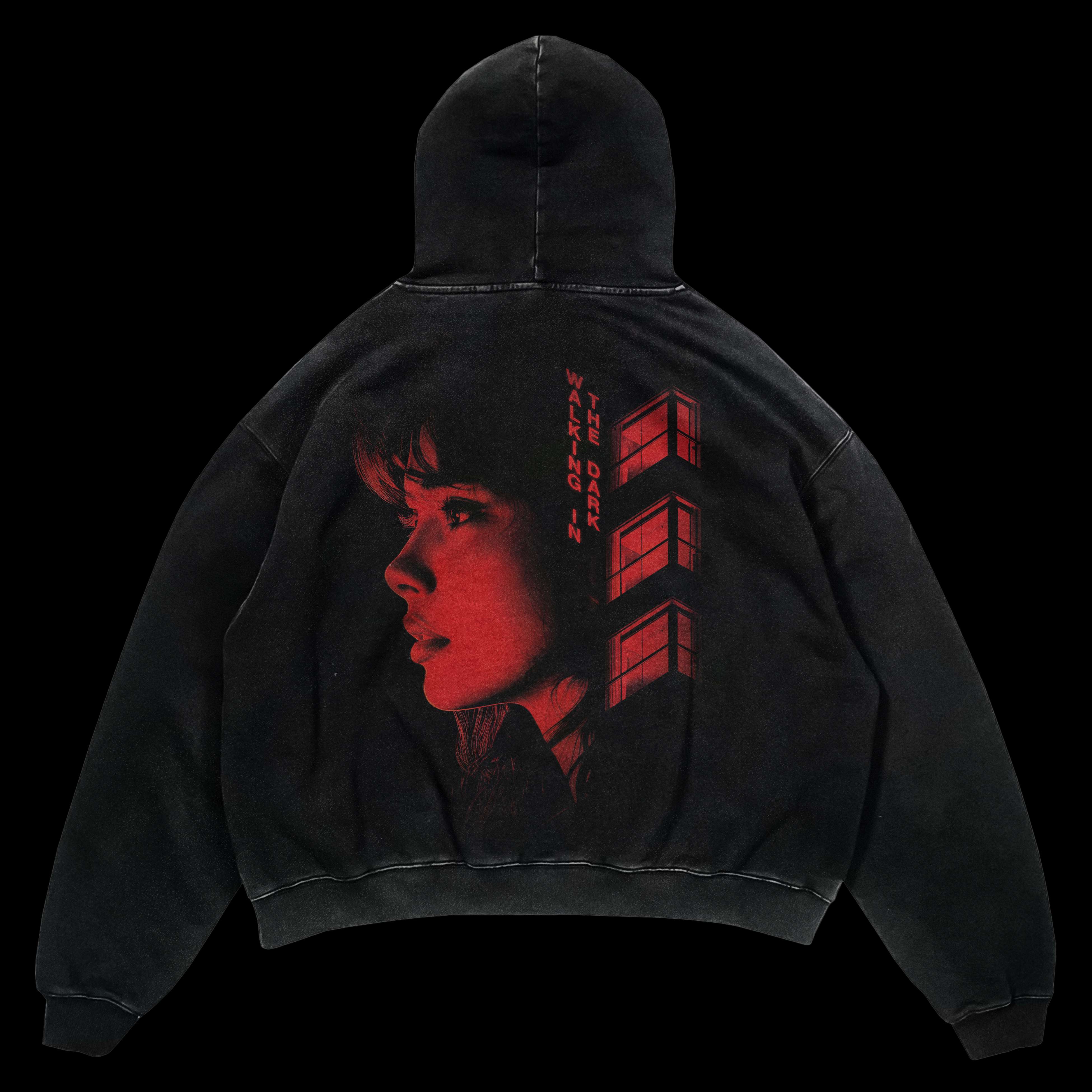 a black hoodie with a woman's face on it