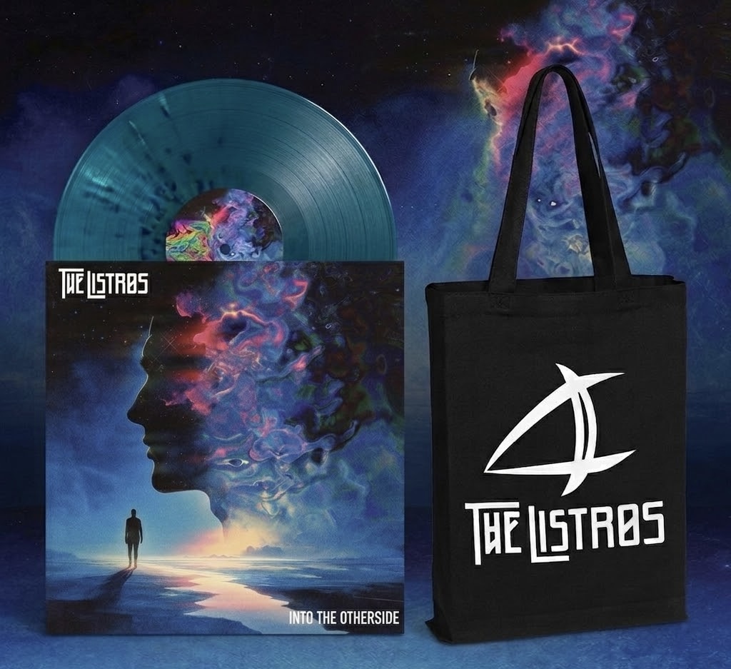 a blue lp with a tote bag next to it