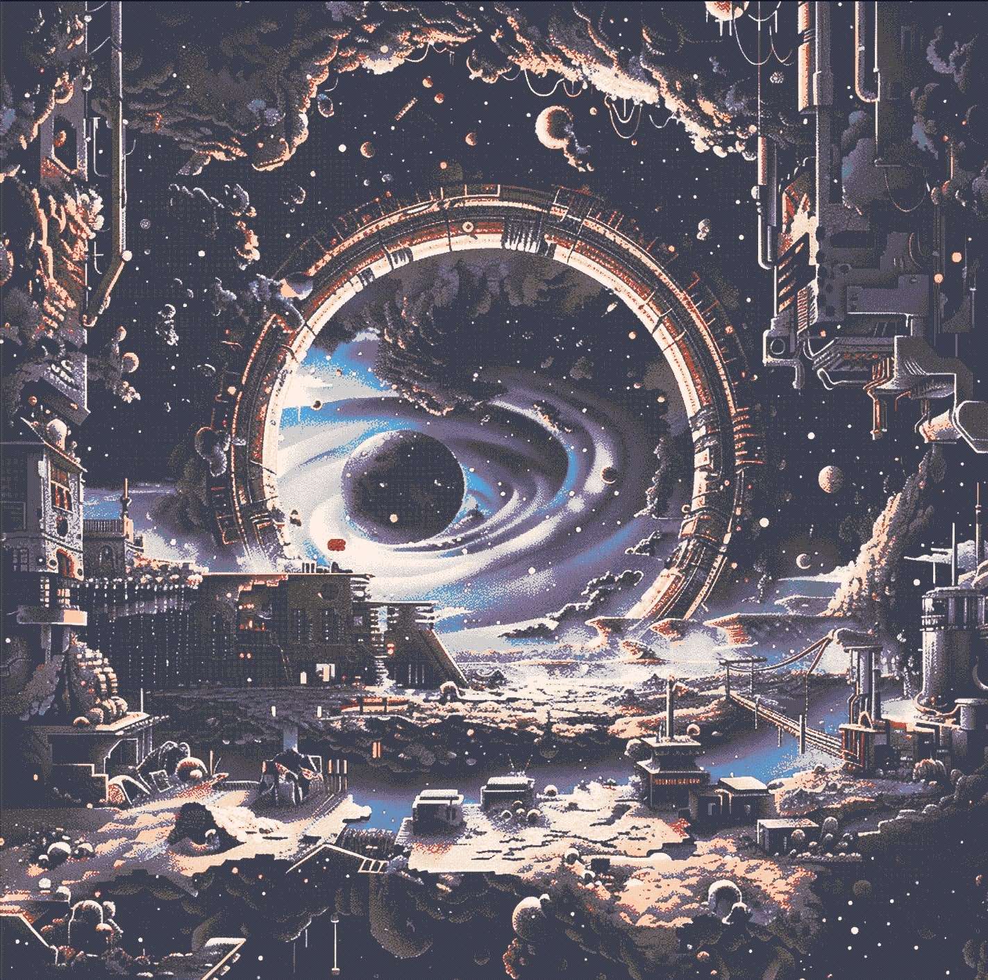 an illustration of a spaceship with a hole in it