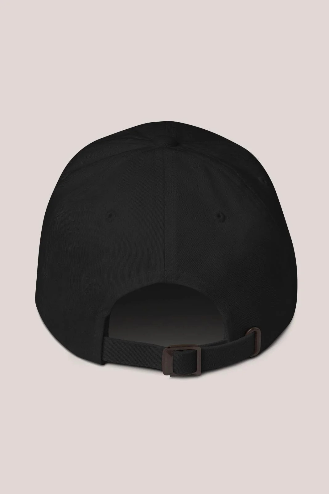 a black baseball cap with a brown buckle