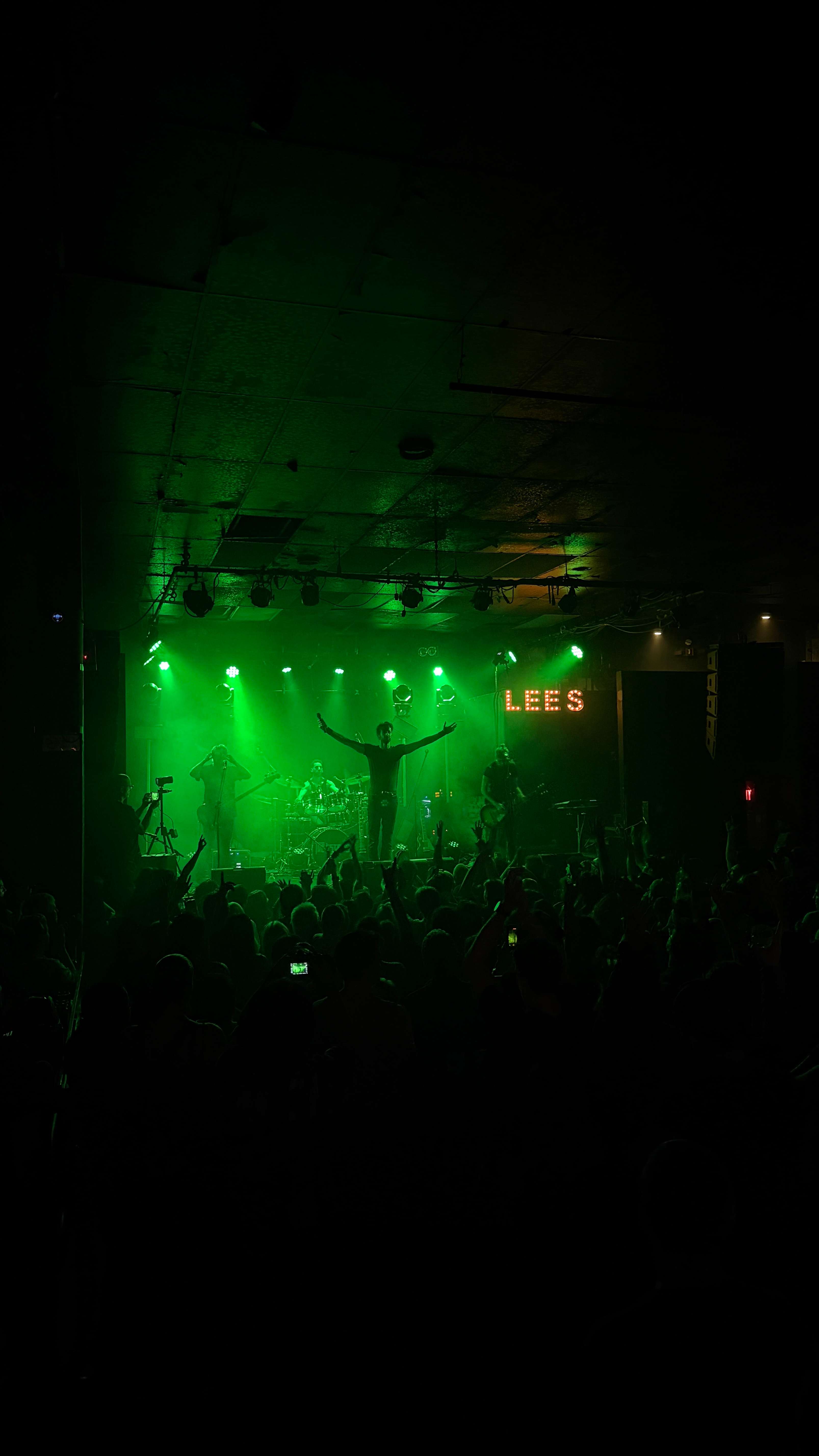 a group of people at a concert in a dark room with green lights
