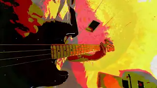 a person playing a bass guitar in a colorful background
