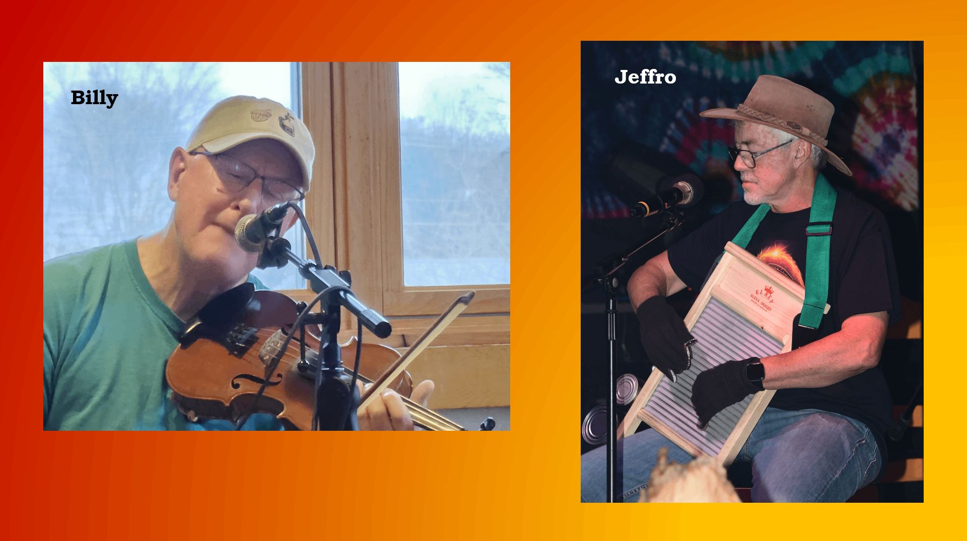 two pictures of a man playing a guitar and a man playing a banjo