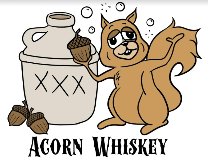 a squirrel holding a jar of acorn whiskey