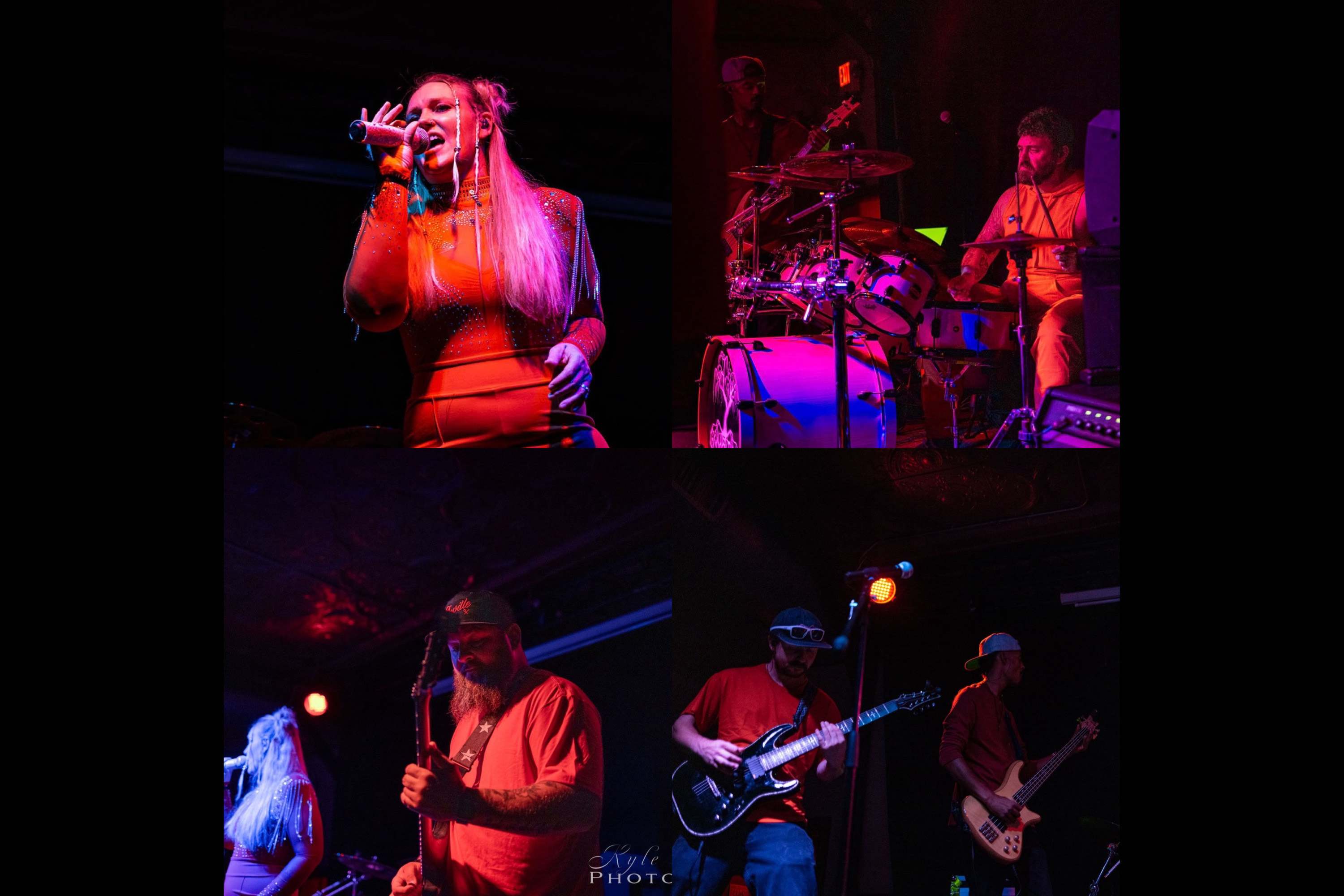 a collage of pictures of a band on stage