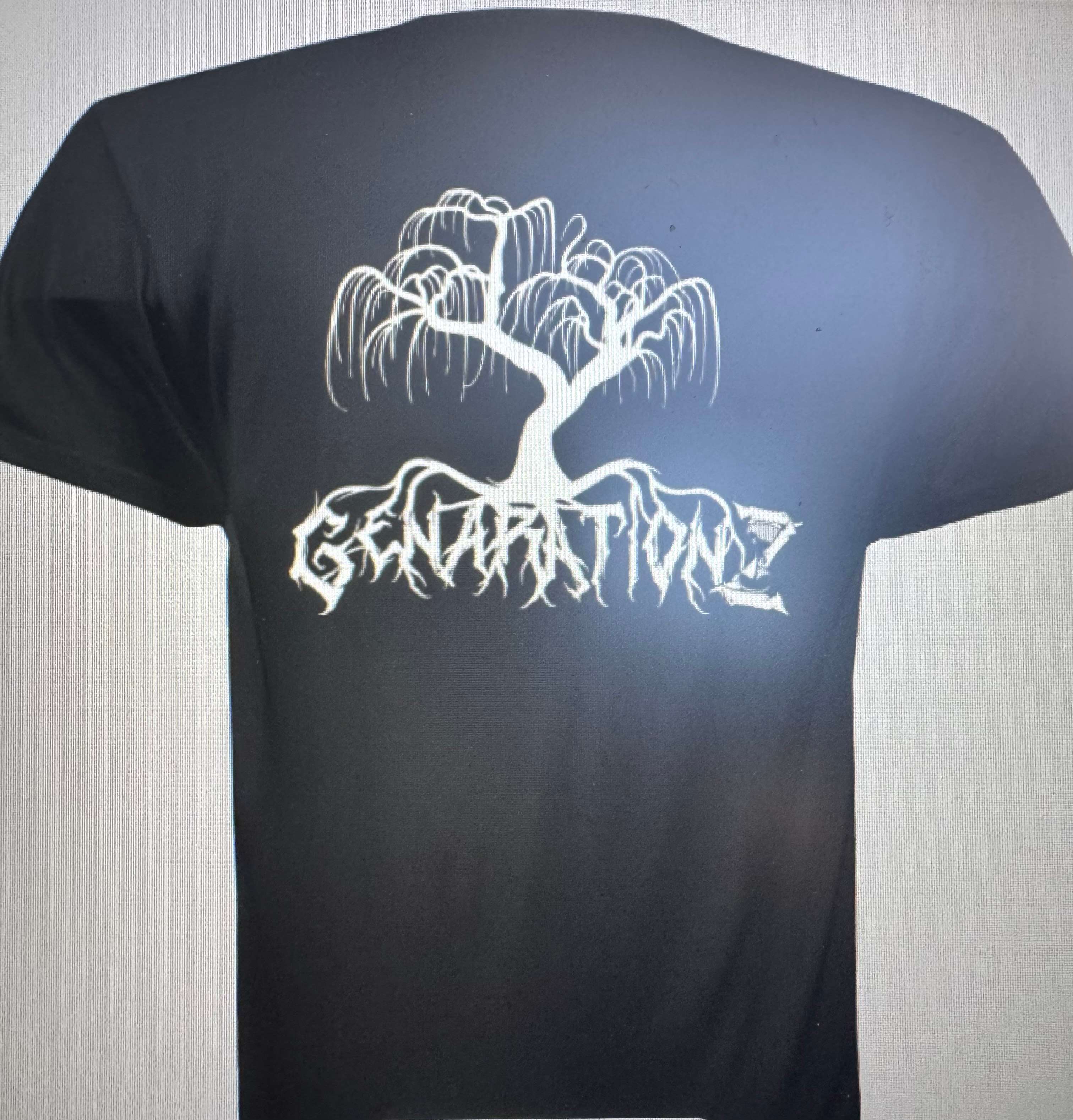the back of a black t - shirt with a tree on it